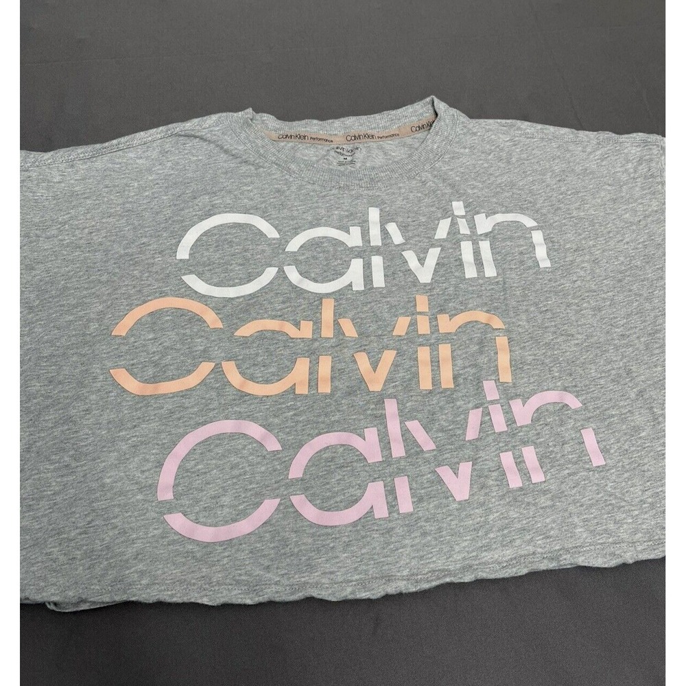 Calvin Klein Performance Sliced Logo Cropped Gray‎ Short Sleeve T-Shirt Womens M - Picture 4 of 10